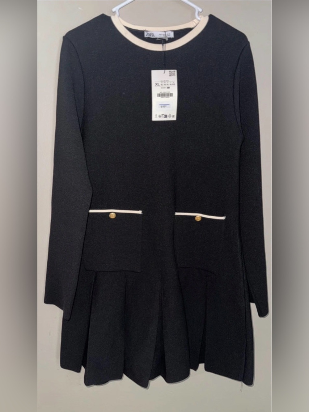 Zara Black Long-Sleeve Pocket Dress with Cream Trim xl